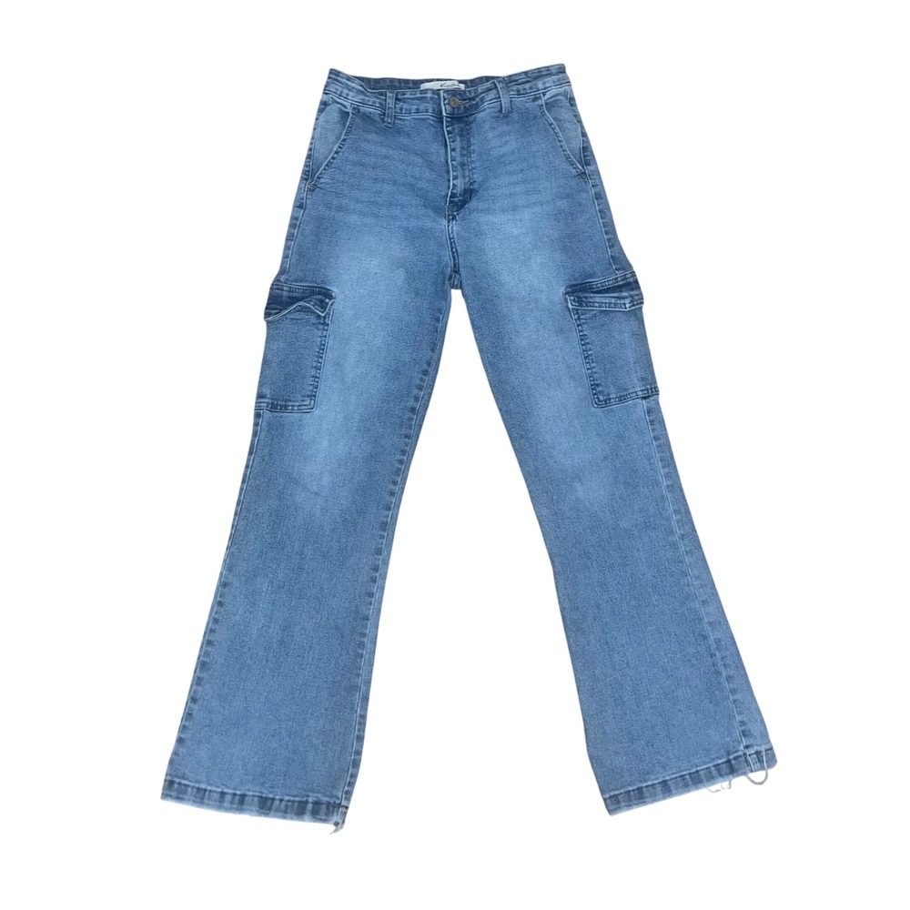 Kancan Womens 9 Mid Rise Cargo Jeans Medium Wash Wide Leg Raw Hem Blue Denim